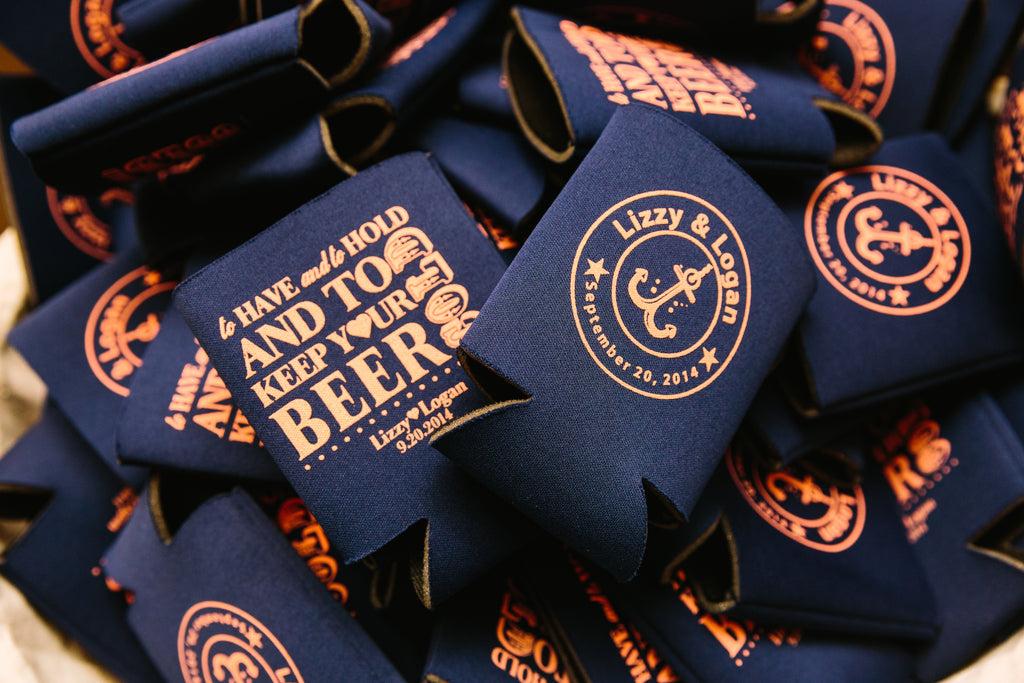 Give out fun and practical personalized wedding favors such as coozies or sunglasses. | Inexpensive Wedding Favor Ideas