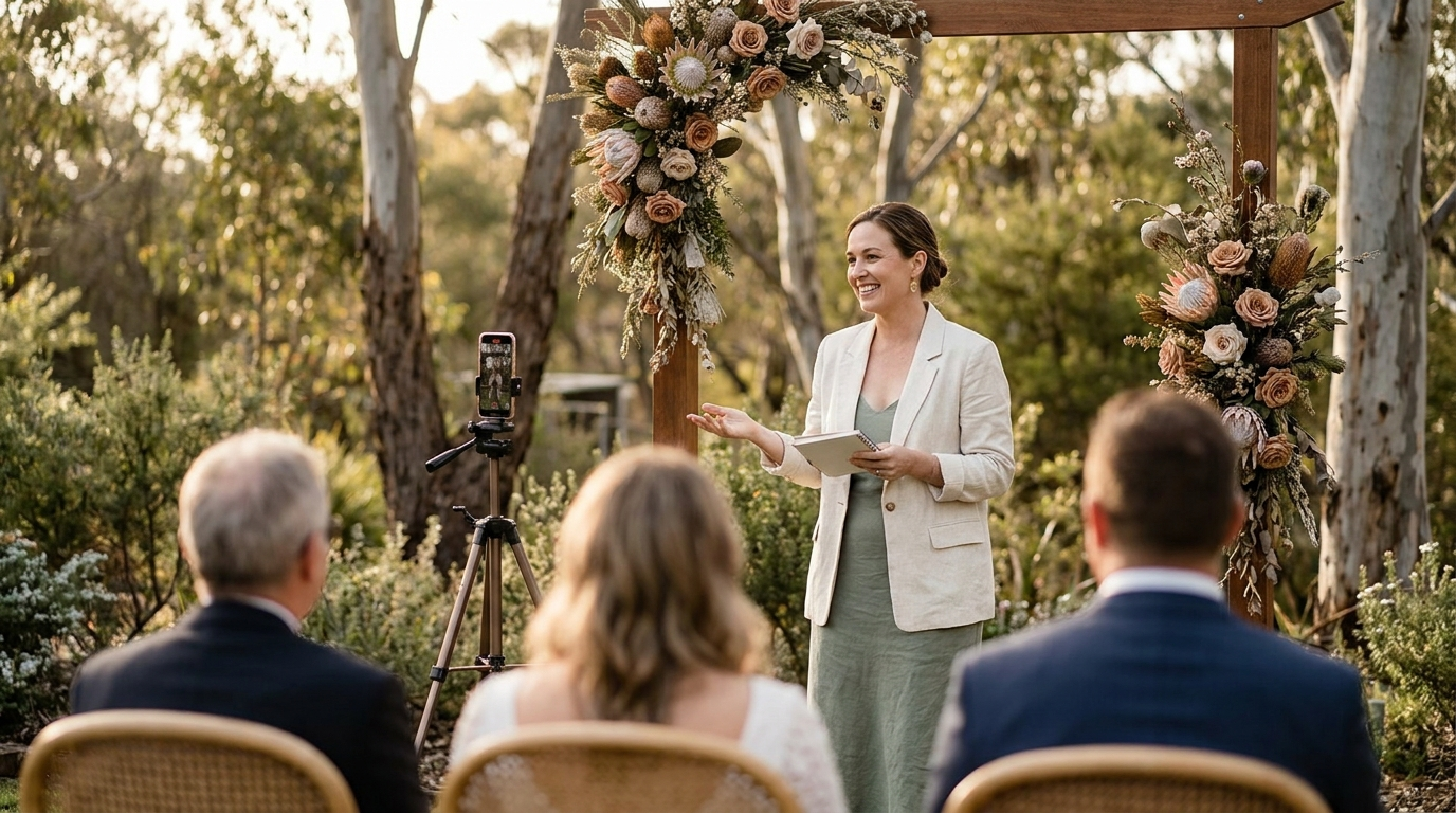 Celebrant filming a practical ceremony assessment on a smartphone in front of a small audience