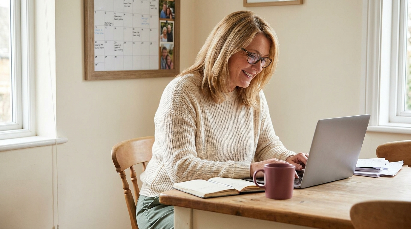 Australian woman in her 50s studying online celebrancy on a laptop at her kitchen table