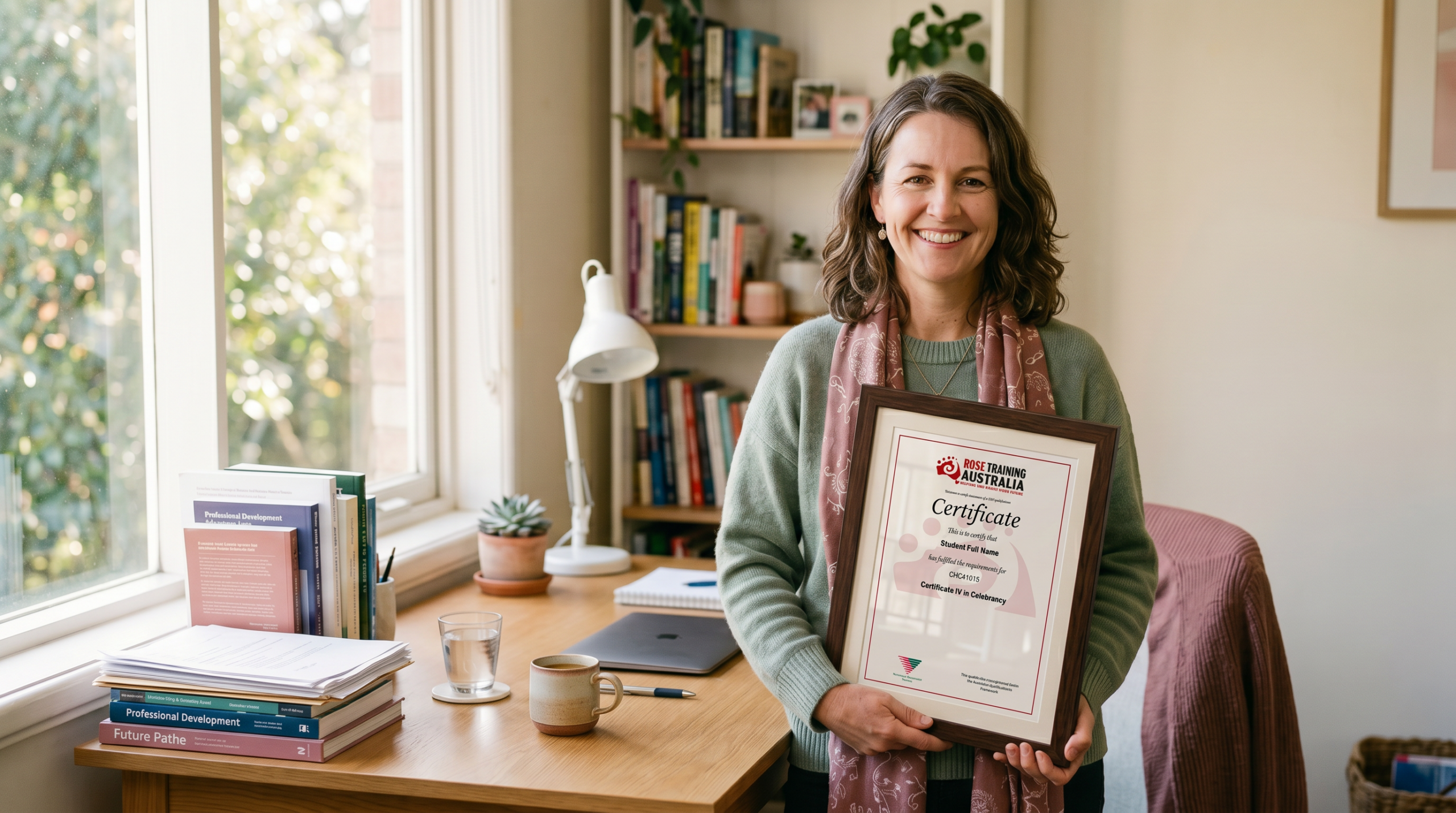 Newly qualified Australian celebrant holding her Rose Training CHC41015 Certificate IV in Celebrancy