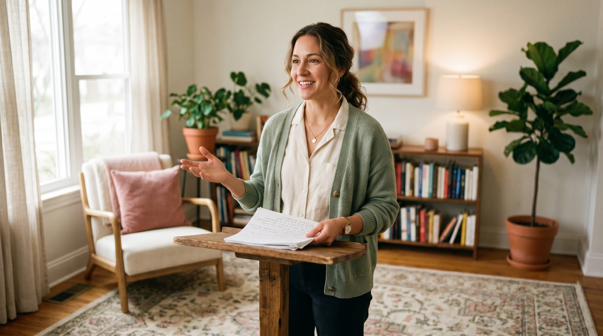 Adult learner practising public speaking and building celebrant skills from scratch