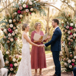 Marriage celebrant conducting a wedding ceremony at a floral arch in an Australian garden