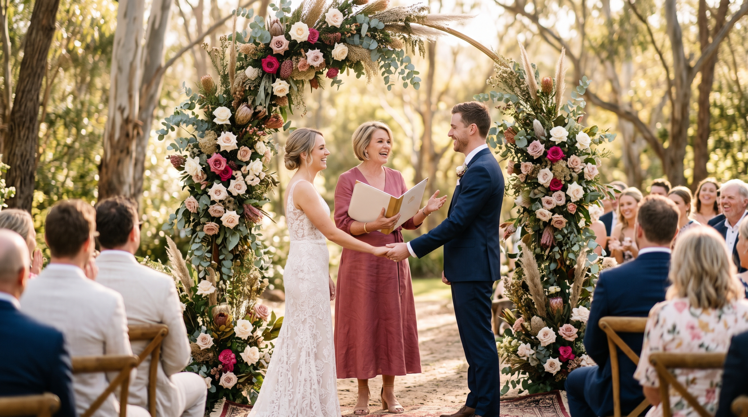 Marriage celebrant conducting a wedding ceremony at a floral arch in an Australian garden