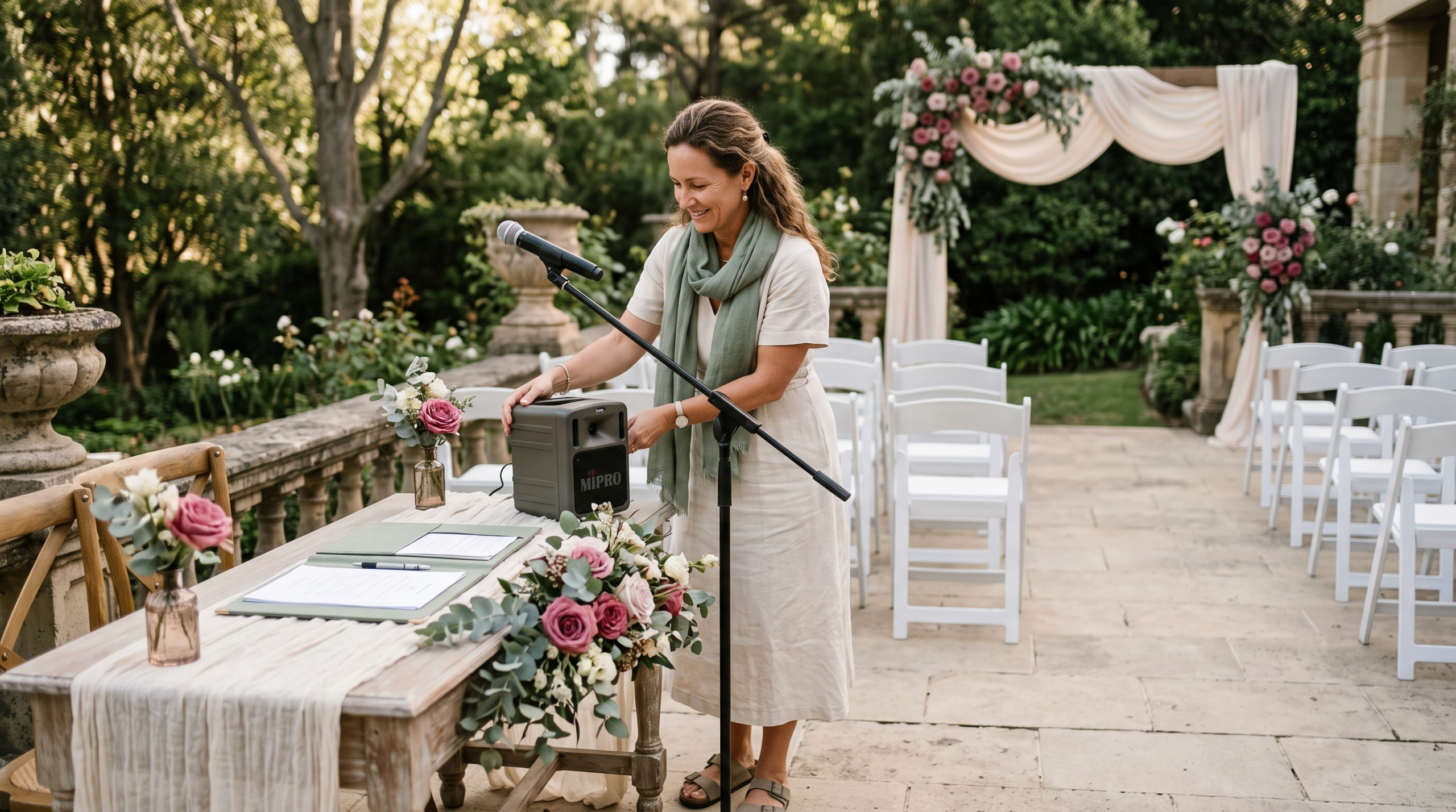 Marriage celebrant setting up a PA system and signing table before a wedding ceremony