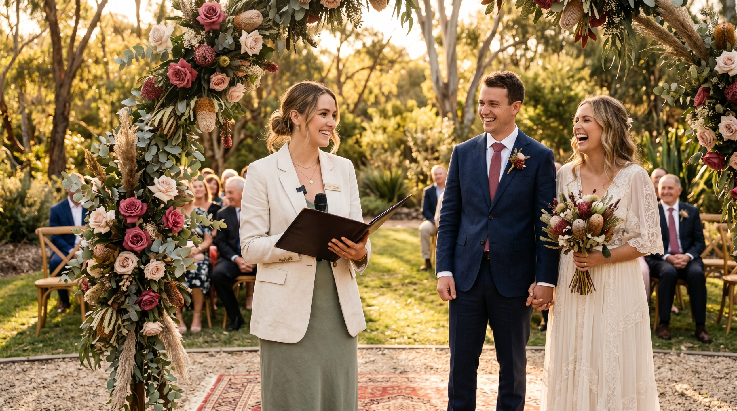 First-time celebrant confidently officiating her first wedding in an Australian garden