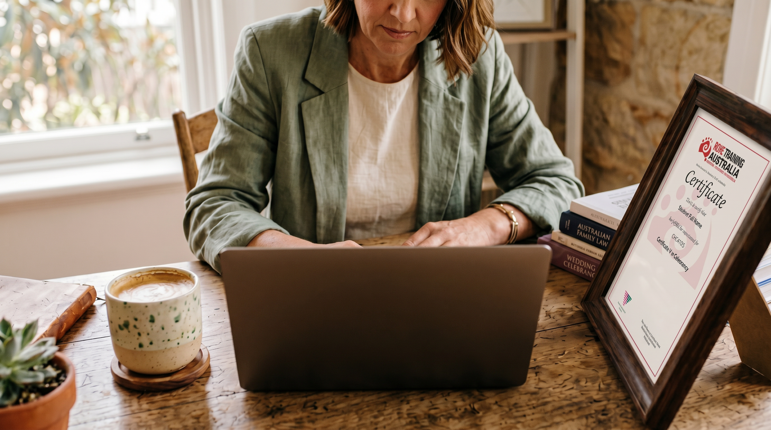 Marriage celebrant working at a laptop beside her framed Rose Training Certificate IV in Celebrancy