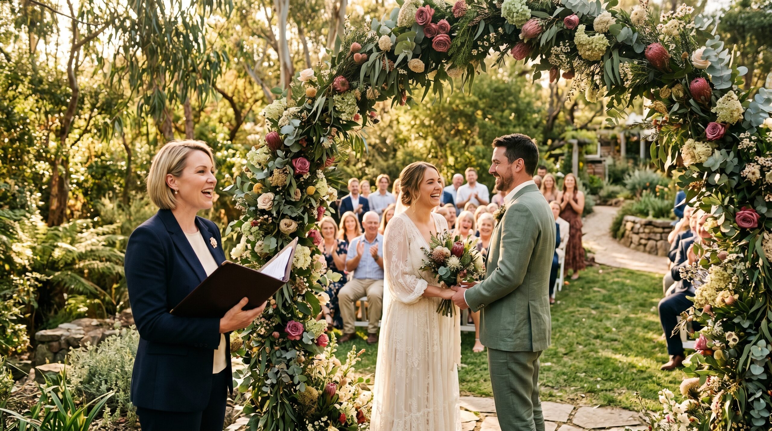 Registered marriage celebrant officiating a wedding under a floral arch in an Australian garden