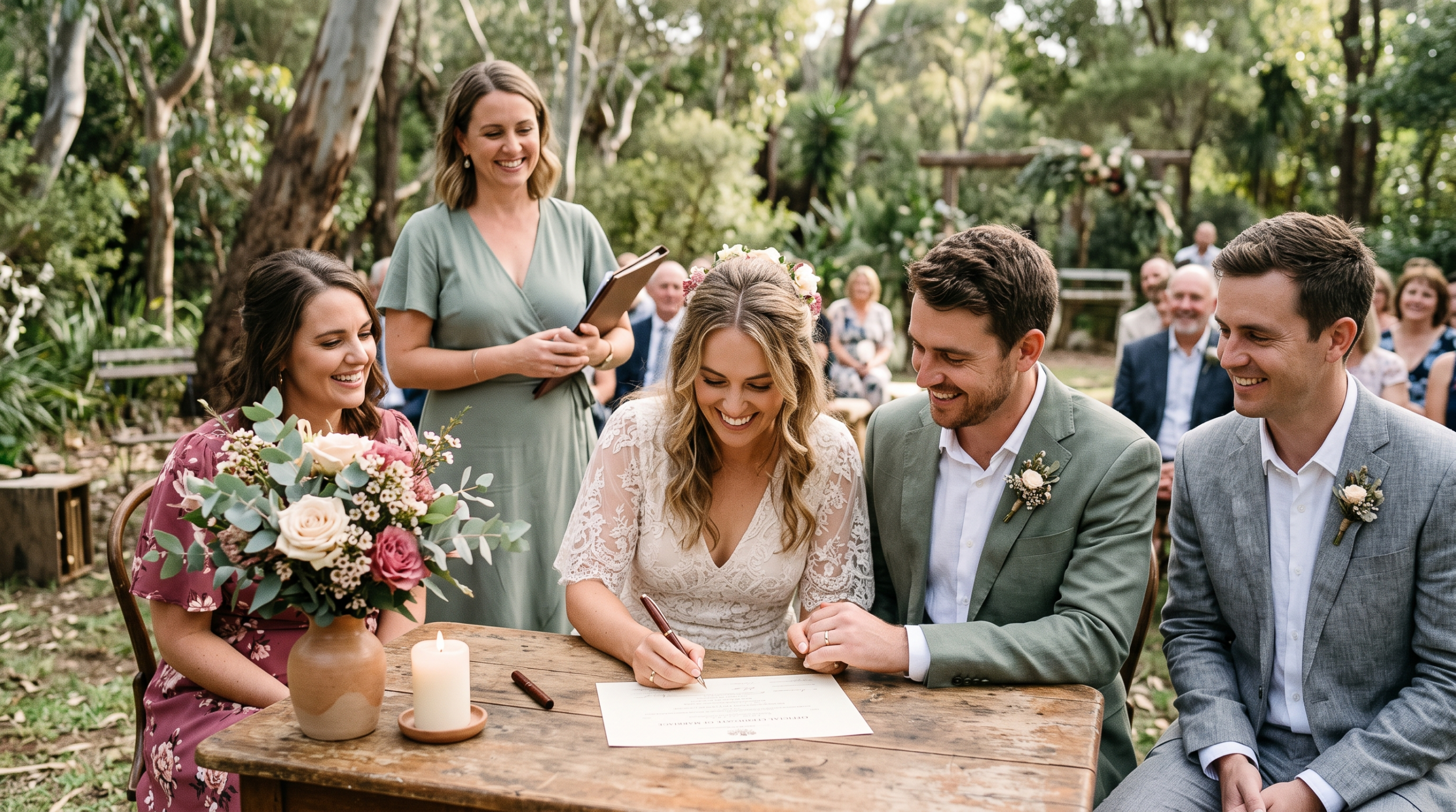 Newly married couple signing the marriage certificate with the celebrant and two witnesses