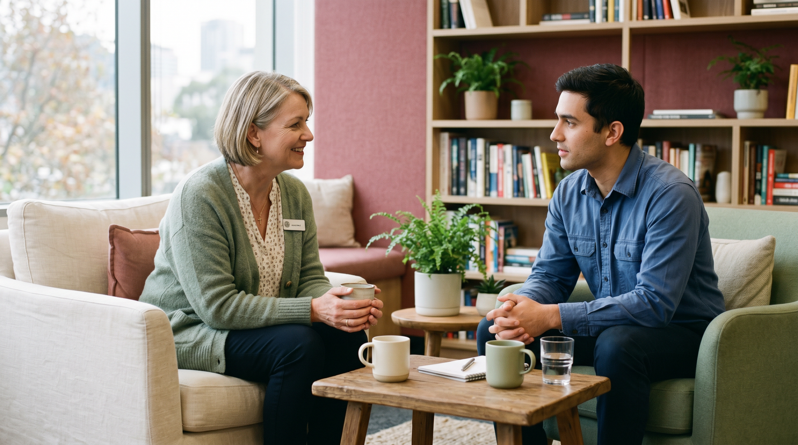 Workplace chaplain supporting an employee in a calm office setting
