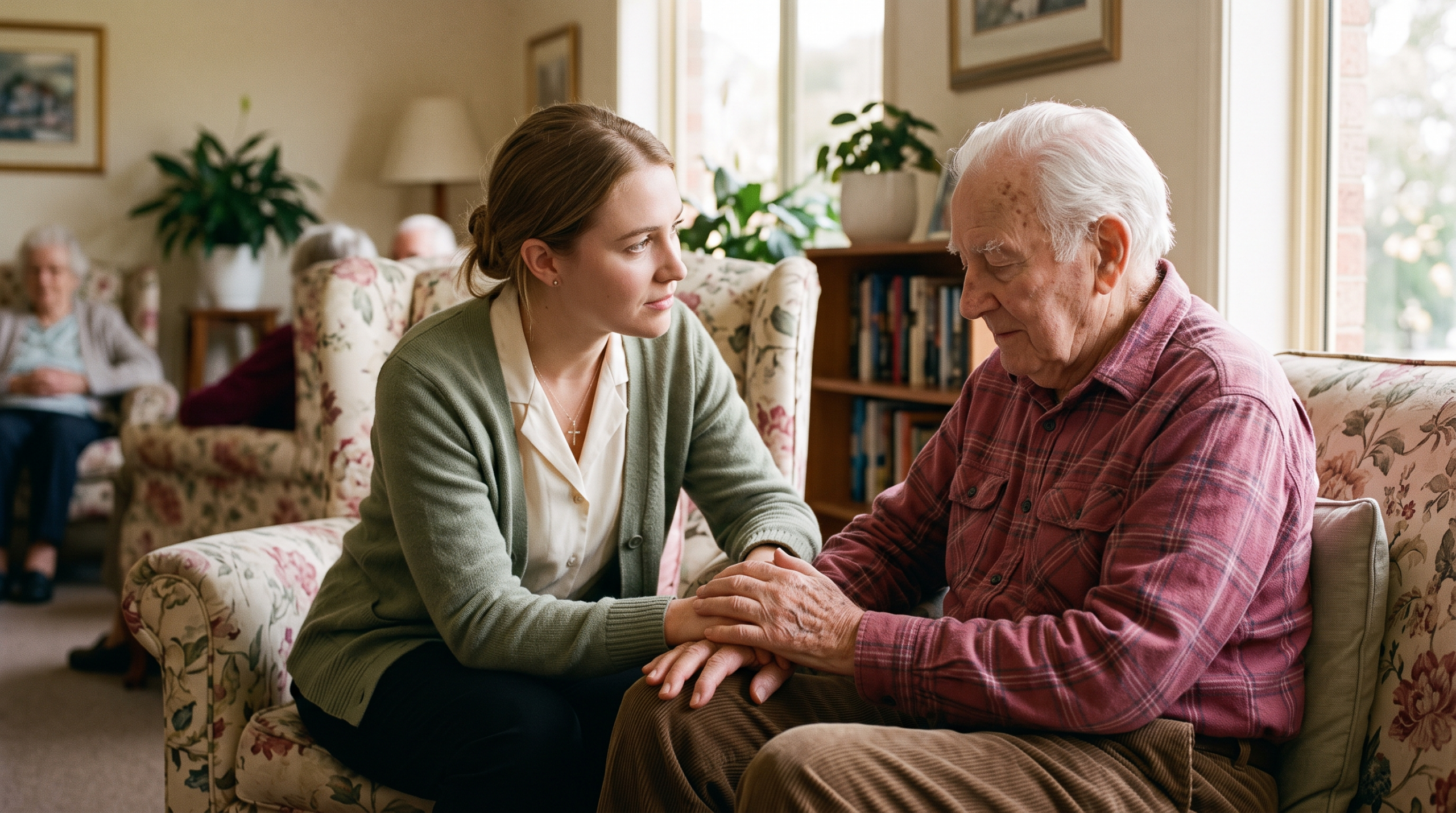 Chaplaincy student on placement providing pastoral care to an elderly aged care resident